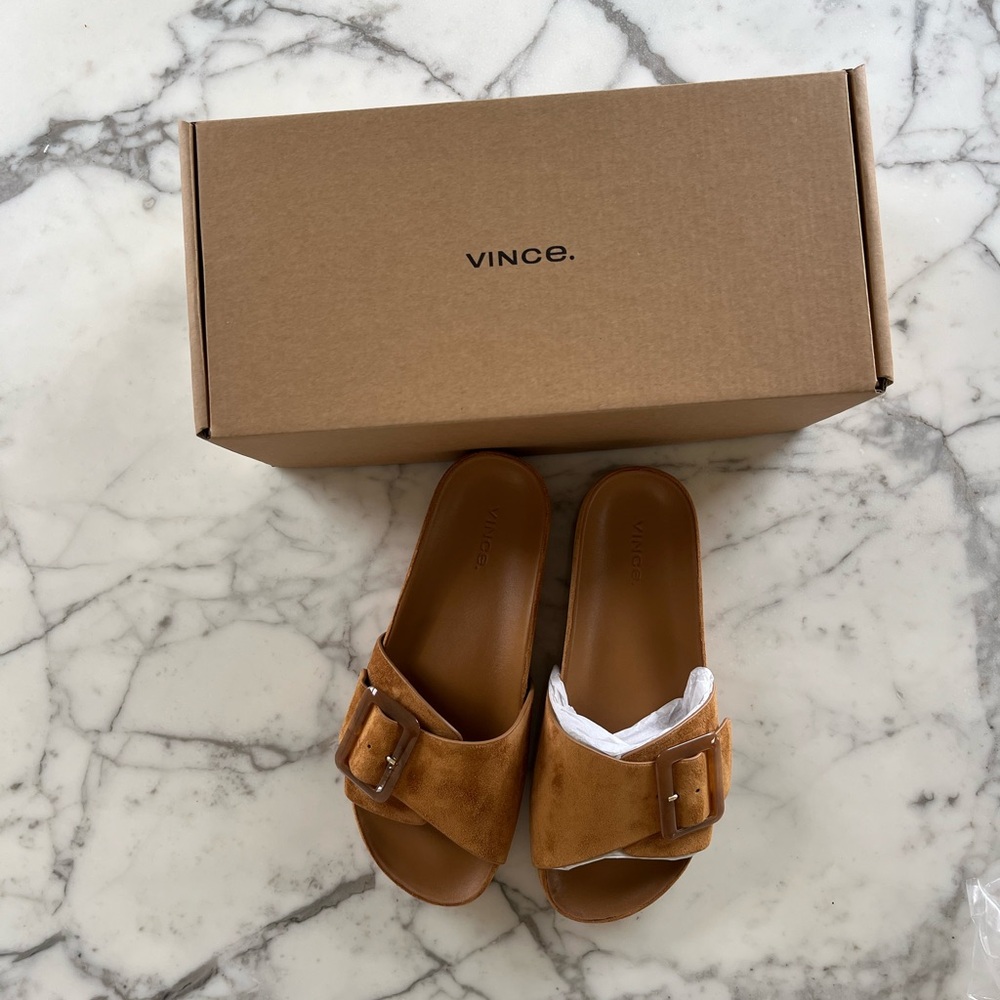 Vince grant tan suede slide sandals